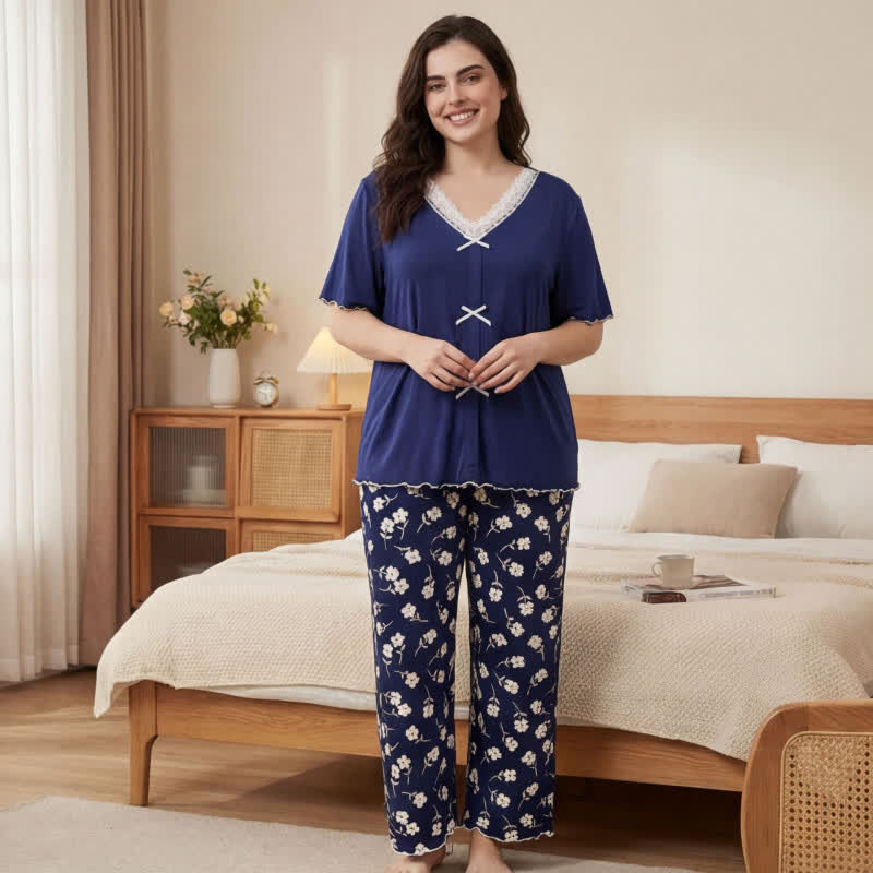 Ensemble pyjama nœud papillon en dentelle fleurie - Marine - 4XL - image 0