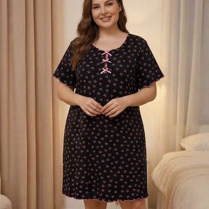 Nuisette à petits motifs floraux et nœud papillon - Noir - 4XL - image 4