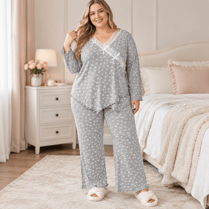 Ensemble pyjama cache-cœur en dentelle à nœud - Gris - 4XL - image 0