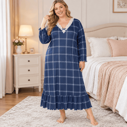 Nuisette à carreaux avec bordure en dentelle - Bleu - 4XL - image 0