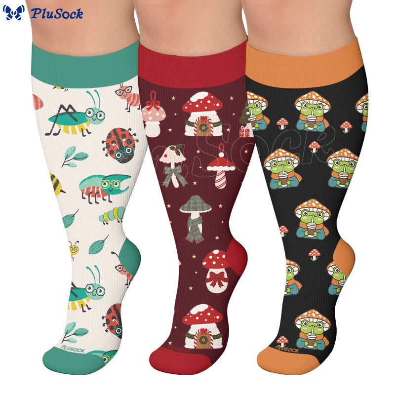 Chaussettes de compression grandes tailles en forme de champignons de jardin à motifs. - image 0