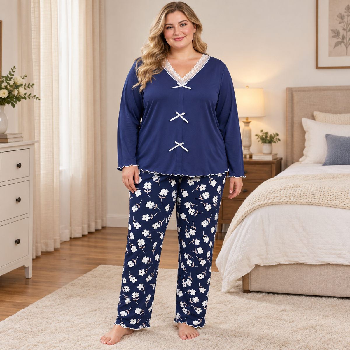 Ensemble pyjama fleuri à nœud en dentelle bleue - Bleu - 4XL - image 0