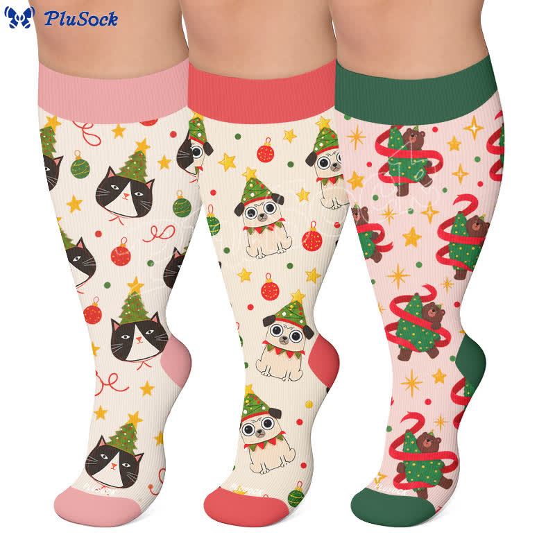 Chaussettes de compression grandes tailles pour Noël avec chats et chiens - image 0