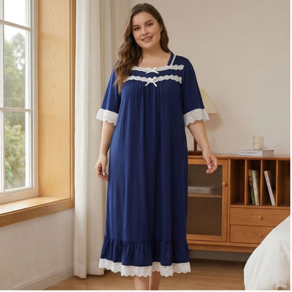 Nuisette à nœud et bordure en dentelle - Bleu marine - 4XL - image 0