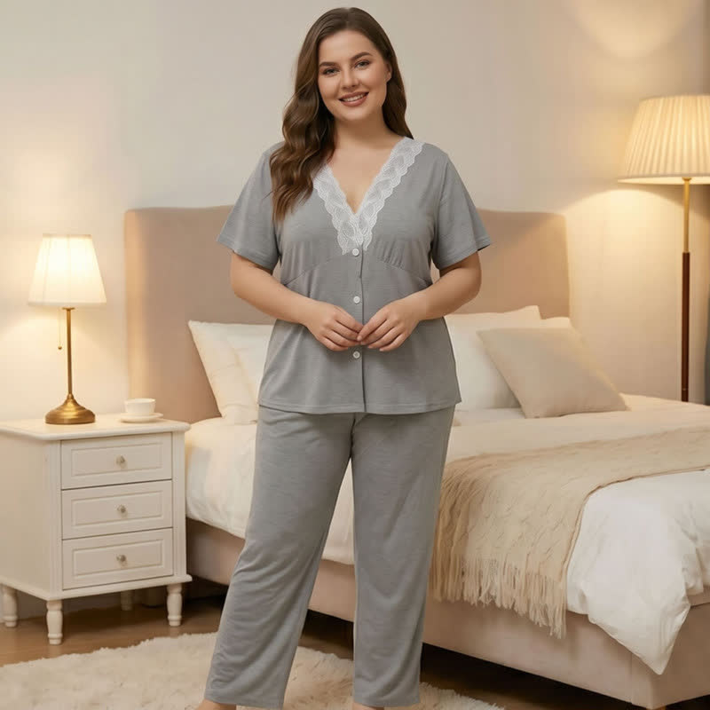 Ensemble pyjama à boutons et bordure en dentelle - Gris - 4XL - image 0