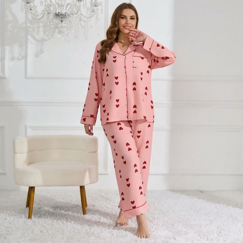 Ensemble pyjama en satin imprimé cœur - Rose - 4XL - image 8