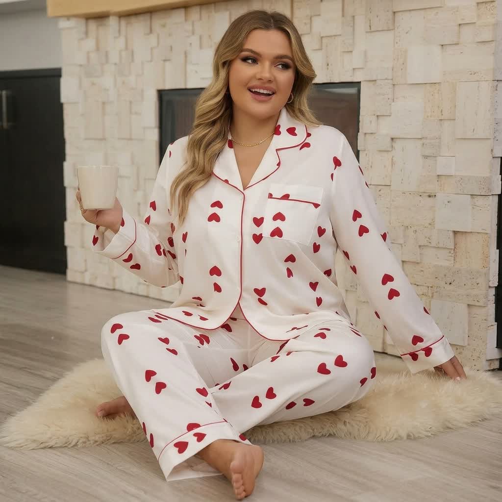 Ensemble pyjama en satin imprimé cœur - image 1