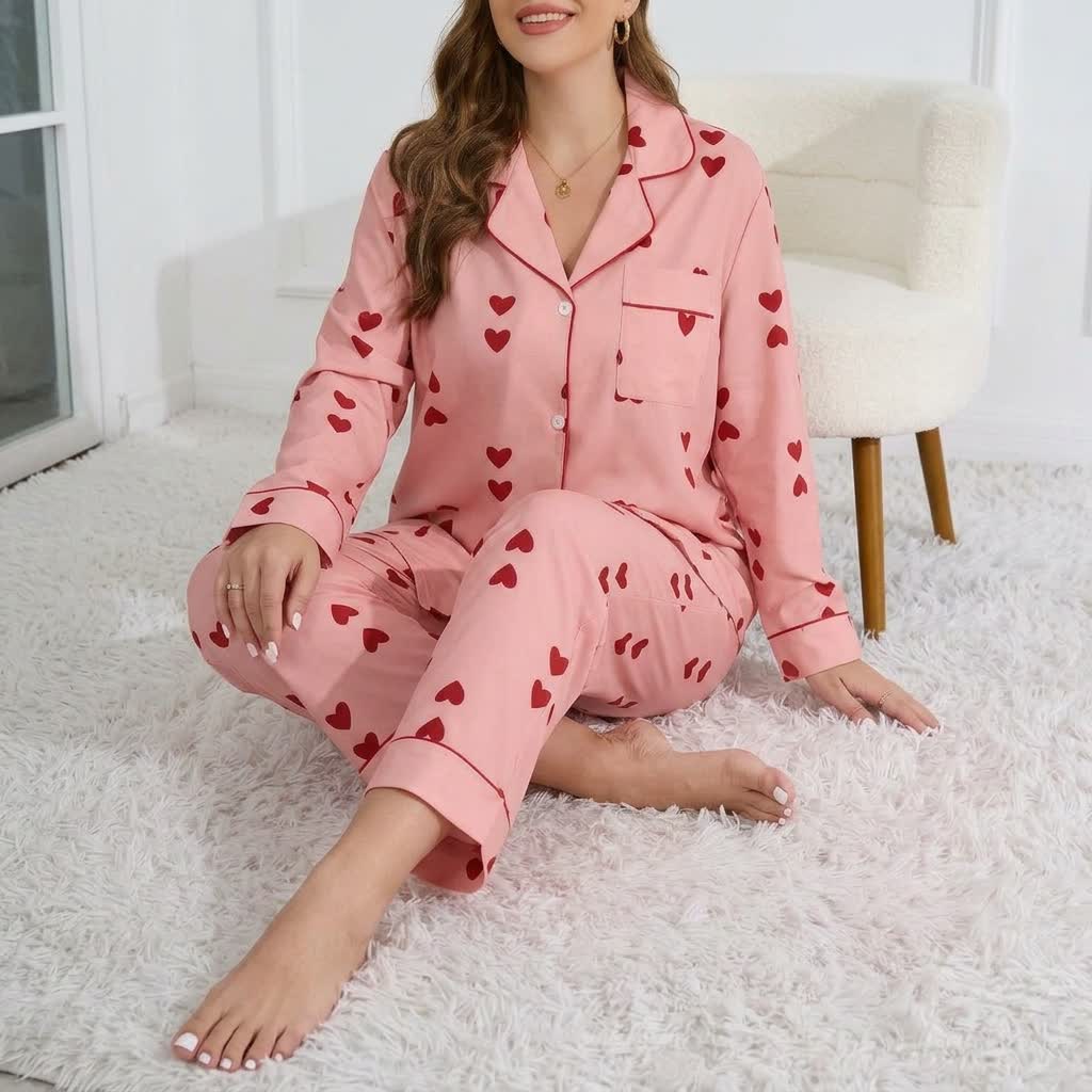 Ensemble pyjama en satin imprimé cœur - image 9