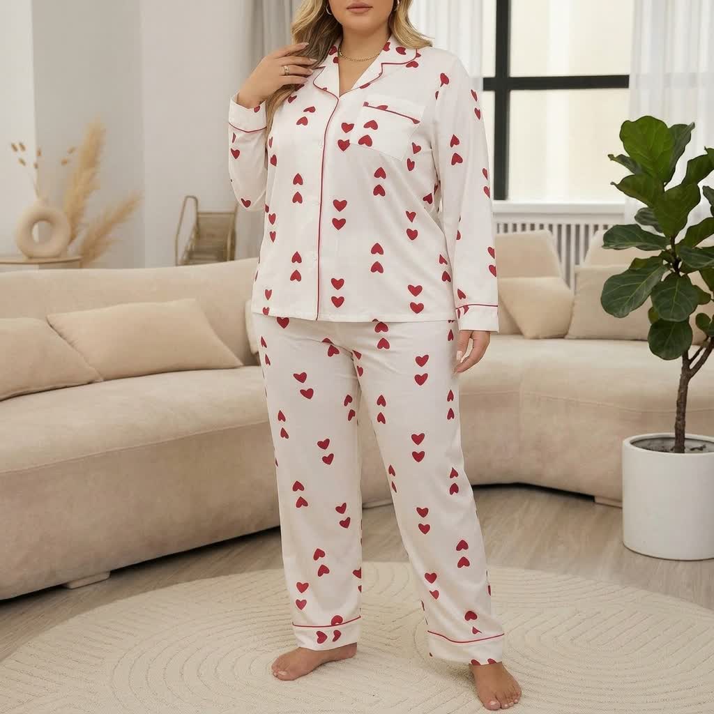 Ensemble pyjama en satin imprimé cœur - Blanc - 4XL - image 0