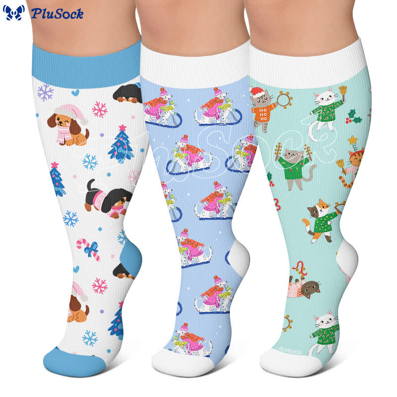 Chaussettes de compression grandes tailles à motifs animaux de Noël - image 0