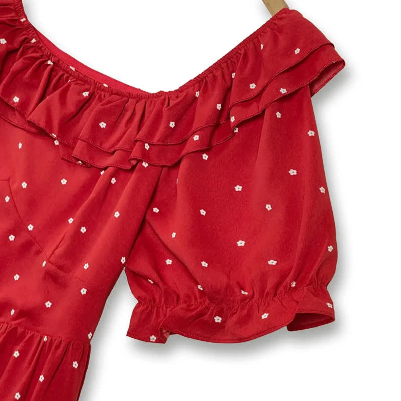 Robe midi rouge à pois smockée - image 2