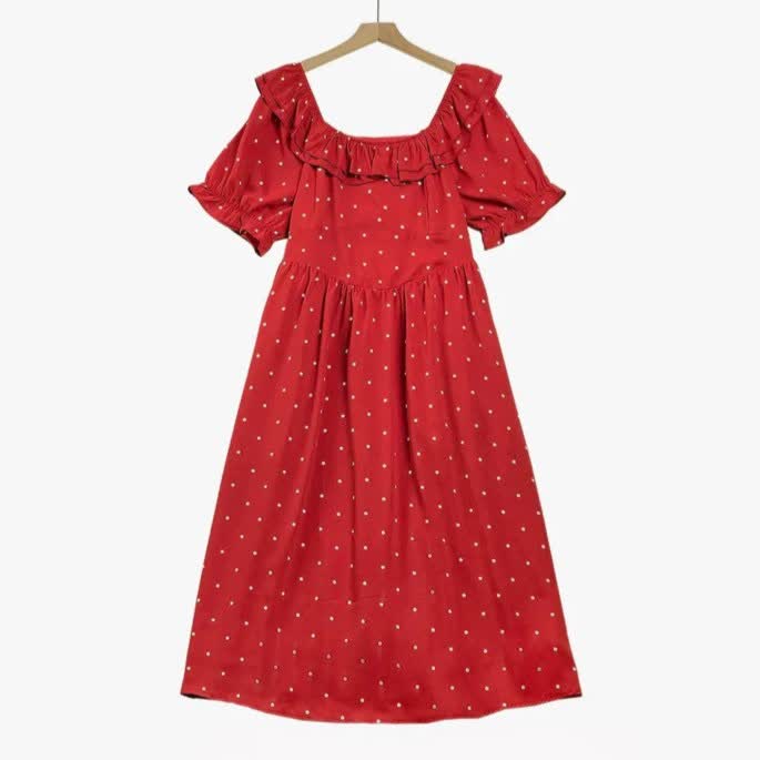 Robe midi rouge à pois smockée - Rouge - 6XL - image 0