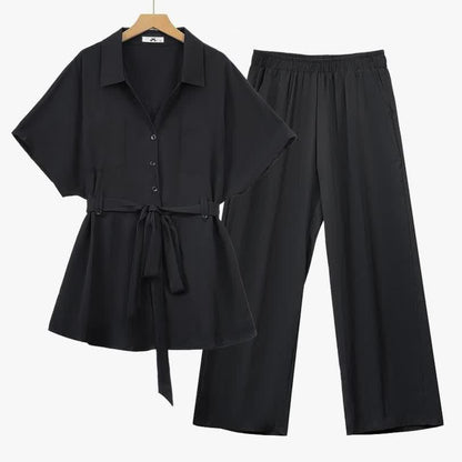 Ensemble chemise noire grande taille à nouer à la taille et pantalon large - Noir - 6XL - image 0