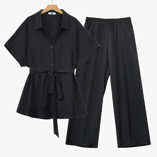Ensemble chemise noire grande taille à nouer à la taille et pantalon large - Noir - 6XL - image 0