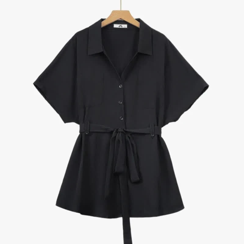 Ensemble chemise noire grande taille à nouer à la taille et pantalon large - image 1