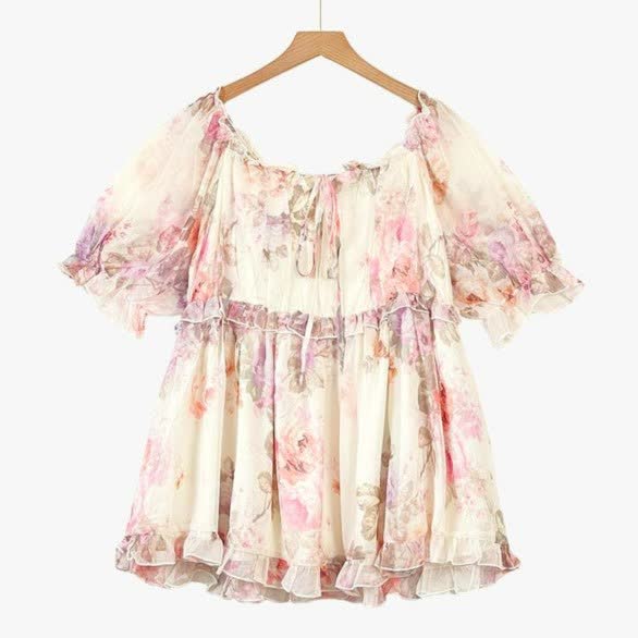 Blouse fleurie grande taille à épaules dénudées et smocks, ornée de fleurs. - Rose - 6XL - image 0