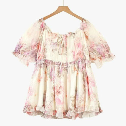 Blouse fleurie grande taille à épaules dénudées et smocks, ornée de fleurs. - Rose - 6XL - image 0