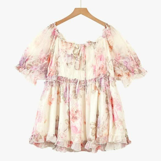 Blouse fleurie grande taille à épaules dénudées et smocks, ornée de fleurs. - Rose - 6XL - image 0
