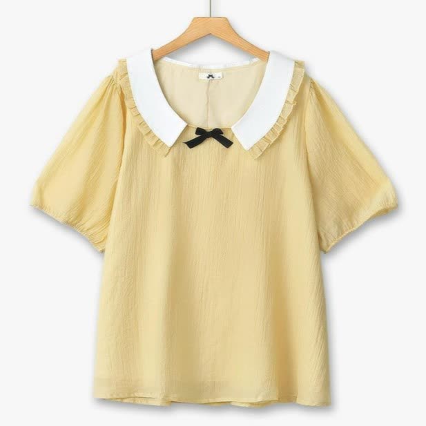 Blouse grande taille à col volanté et manches bouffantes avec nœud papillon - Jaune - 6XL - image 0