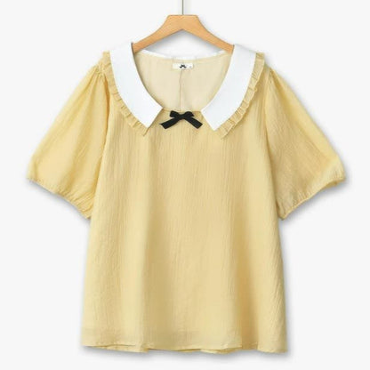 Blouse grande taille à col volanté et manches bouffantes avec nœud papillon - Jaune - 6XL - image 0