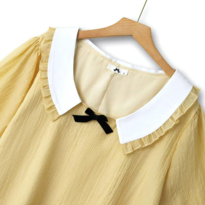 Blouse grande taille à col volanté et manches bouffantes avec nœud papillon - image 1