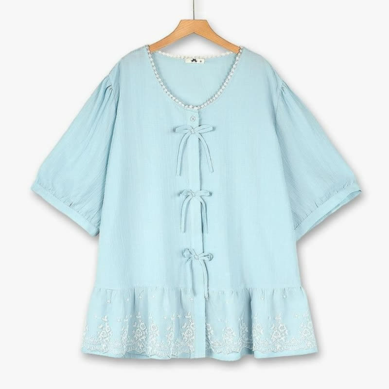 Blouse grande taille à nœud en dentelle - Bleu clair - 6XL - image 0