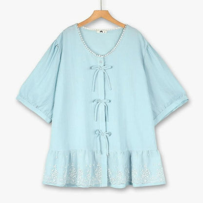 Blouse grande taille à nœud en dentelle - Bleu clair - 6XL - image 0