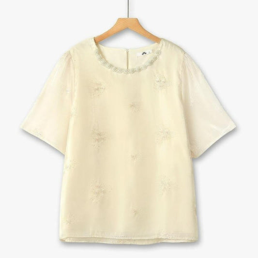 Chemisier grande taille à col en dentelle texturée à motif floral - Beige - 6XL - image 0