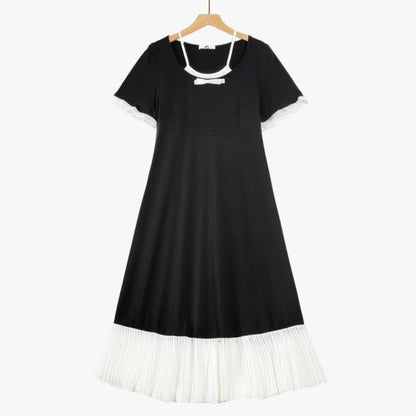 Robe midi à ourlet plissé contrastant - Noir - 6XL - image 0