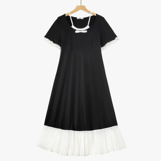 Robe midi à ourlet plissé contrastant - Noir - 6XL - image 0