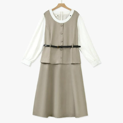 Robe midi vintage à volants et ceinture - Kaki - 6XL - image 0