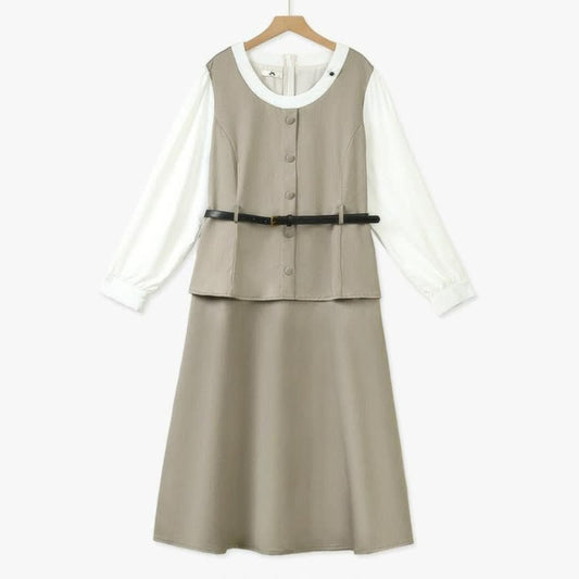 Robe midi vintage à volants et ceinture - Kaki - 6XL - image 0