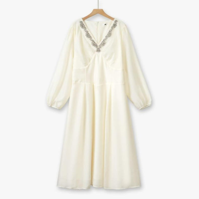Robe longue brodée à col en V - Beige - 6XL - image 1