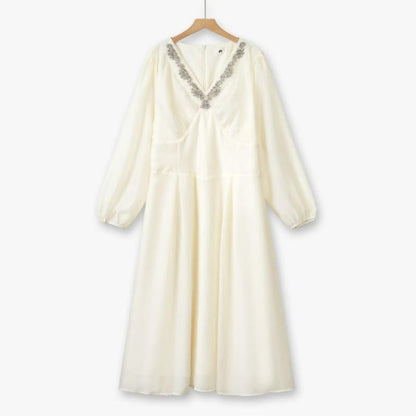 Robe longue brodée à col en V - Beige - 6XL - image 1