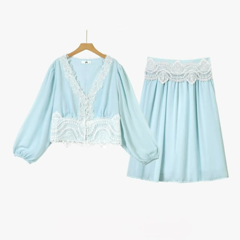 Ensemble jupe deux pièces grande taille bleu ciel à bordure en dentelle - Bleu clair - 6XL - image 0