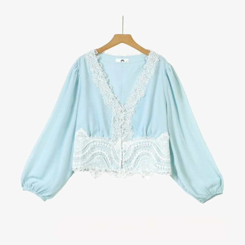 Ensemble jupe deux pièces grande taille bleu ciel à bordure en dentelle - image 1