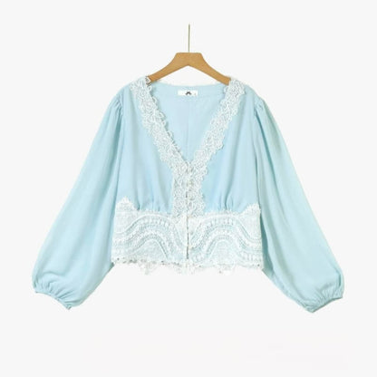 Ensemble jupe deux pièces grande taille bleu ciel à bordure en dentelle - image 1