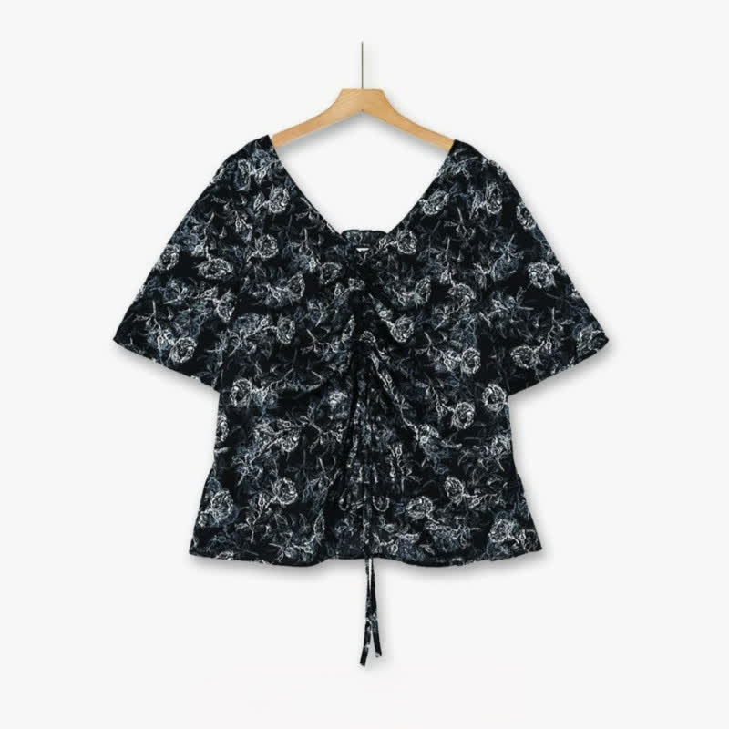 Ensemble jupe deux pièces noire à fleurs grande taille - Blouse - 6XL - image 1