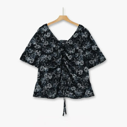 Ensemble jupe deux pièces noire à fleurs grande taille - Blouse - 6XL - image 1