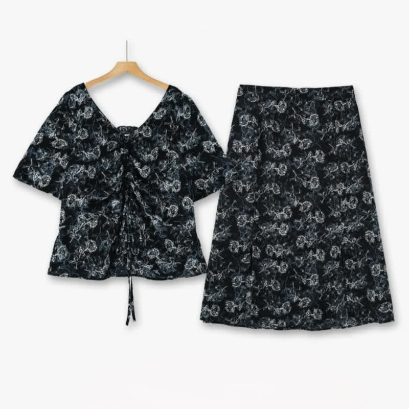 Ensemble jupe deux pièces noire à fleurs grande taille - Ensemble de 2 pièces - 6XL - image 0