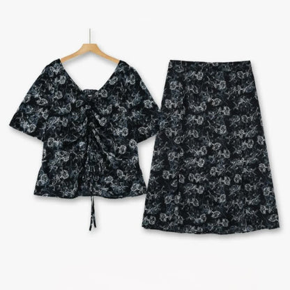 Ensemble jupe deux pièces noire à fleurs grande taille - Ensemble de 2 pièces - 6XL - image 0