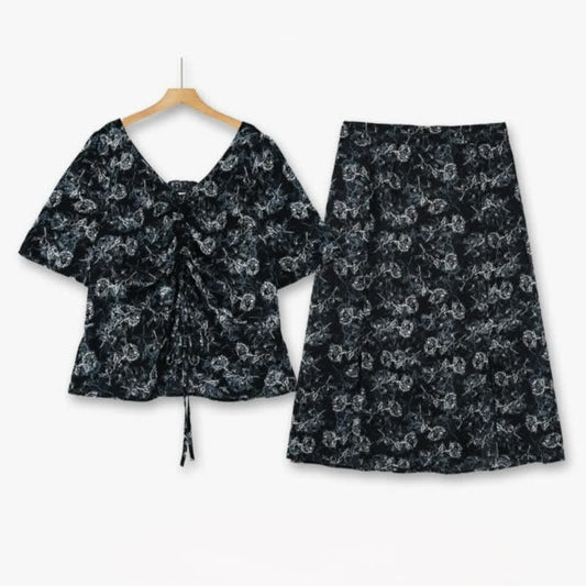 Ensemble jupe deux pièces noire à fleurs grande taille - Ensemble de 2 pièces - 6XL - image 0