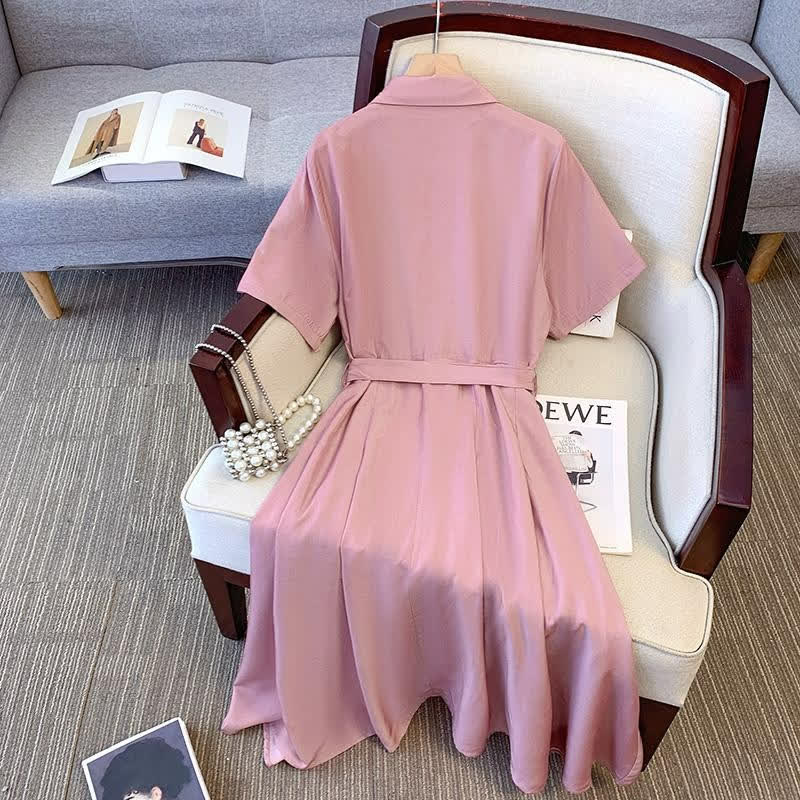 Robe chemise rose à ceinture - image 1