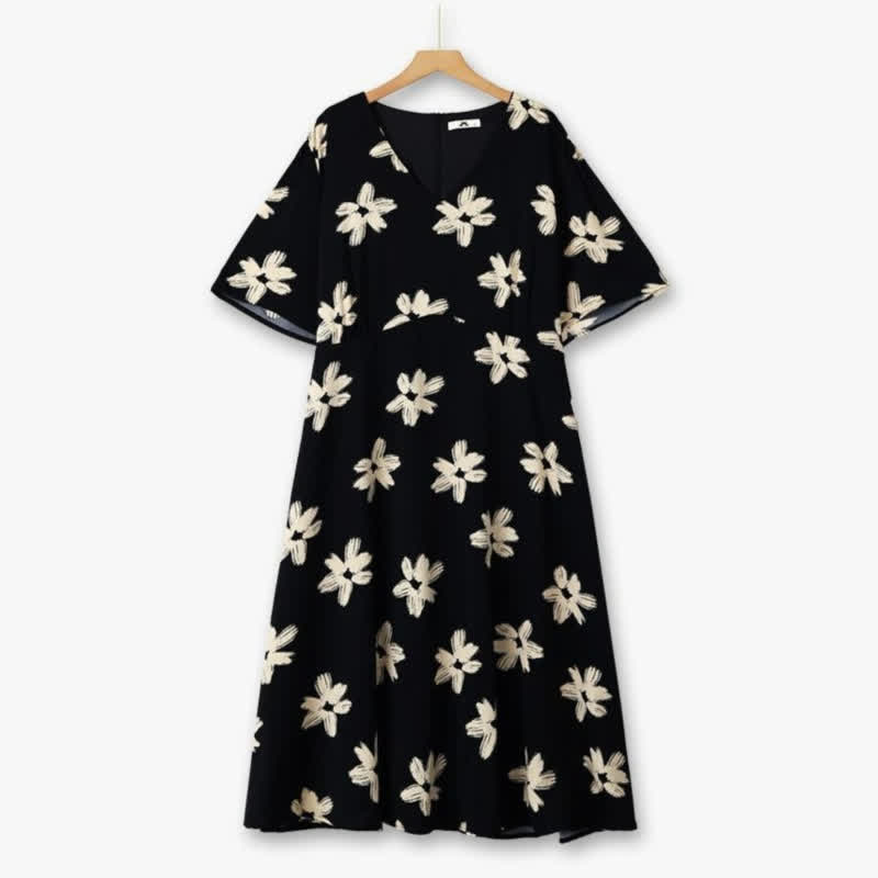 Robe midi à col en V fleurie incurvée - Noir - 6XL - image 0