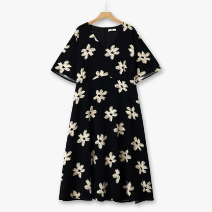 Robe midi à col en V fleurie incurvée - Noir - 6XL - image 0