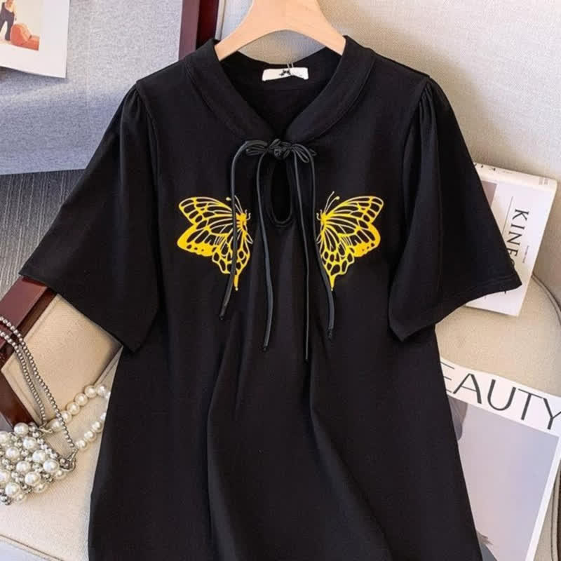 Blouse d'été grande taille à imprimé papillon et col cravate - image 3