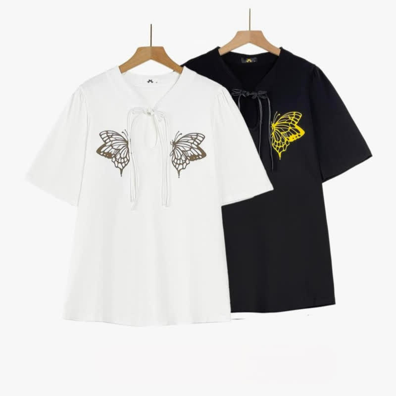 Blouse d'été grande taille à imprimé papillon et col cravate - image 0