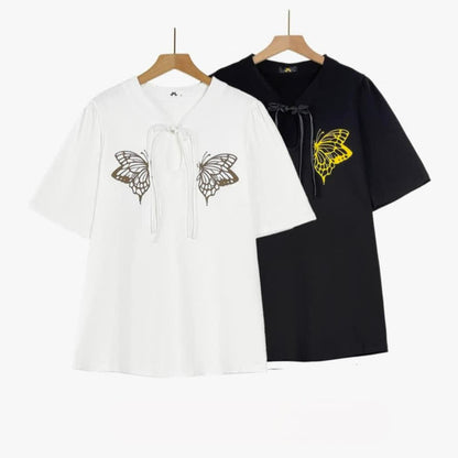 Blouse d'été grande taille à imprimé papillon et col cravate - image 0