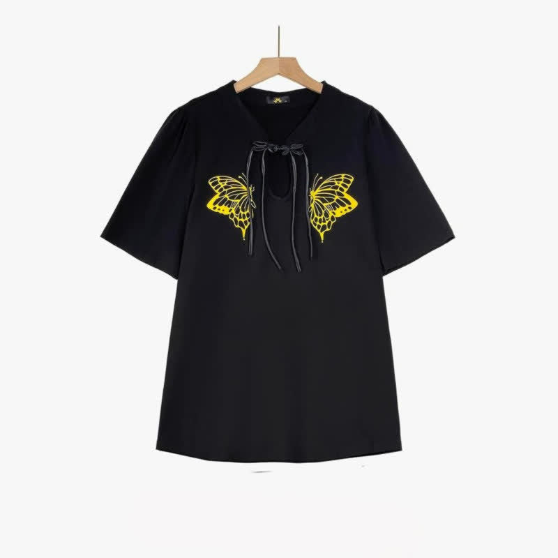 Blouse d'été grande taille à imprimé papillon et col cravate - Noir - 6XL - image 2