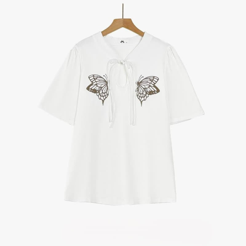 Blouse d'été grande taille à imprimé papillon et col cravate - Blanc - 6XL - image 1
